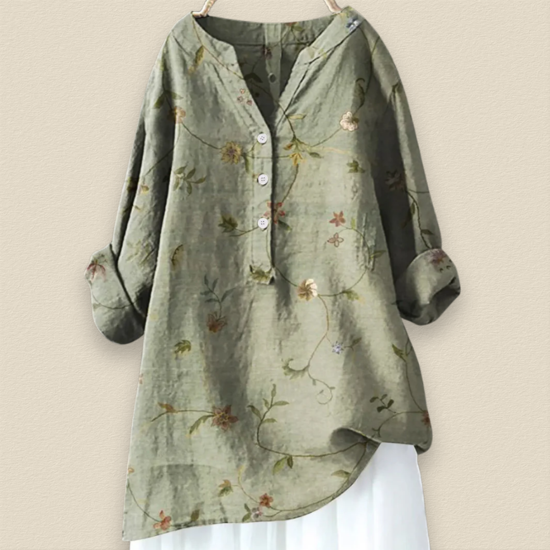 CAMILLE - BLUMENBLUSE MIT LUFTIGER PASSFORM UND MANDARINKRAGEN