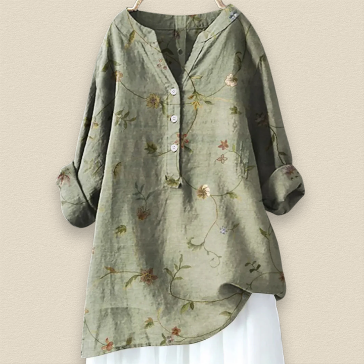 CAMILLE - BLUMENBLUSE MIT LUFTIGER PASSFORM UND MANDARINKRAGEN
