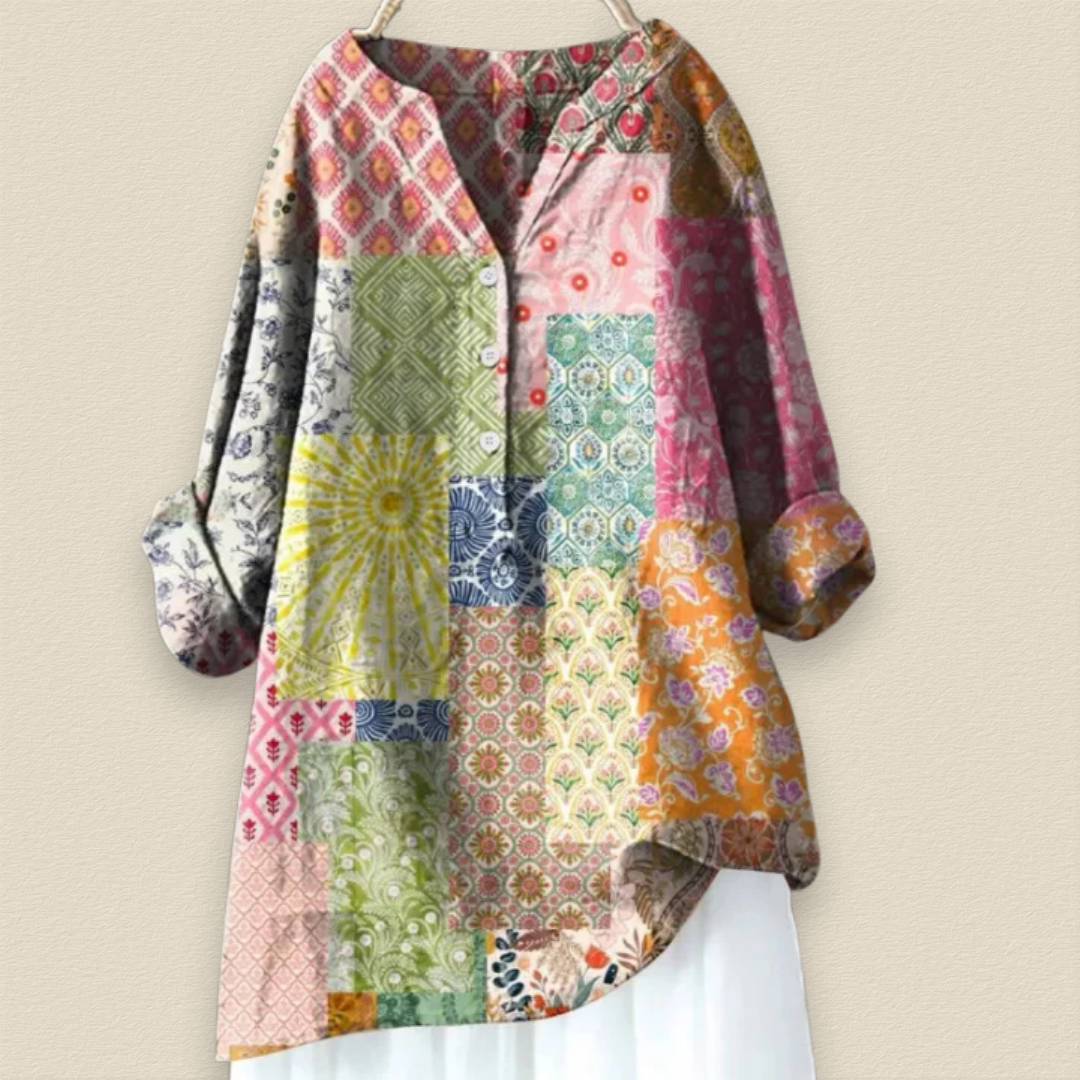 CAMILLE - BLUMENBLUSE MIT LUFTIGER PASSFORM UND MANDARINKRAGEN