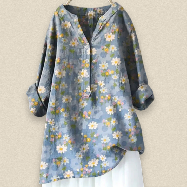 CAMILLE - BLUMENBLUSE MIT LUFTIGER PASSFORM UND MANDARINKRAGEN
