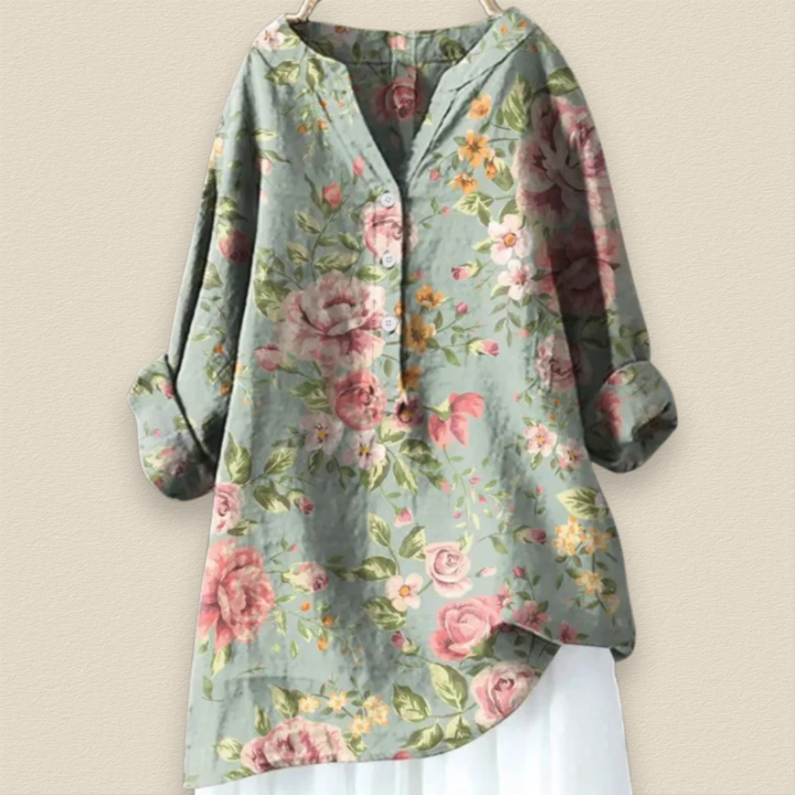 CAMILLE - BLUMENBLUSE MIT LUFTIGER PASSFORM UND MANDARINKRAGEN