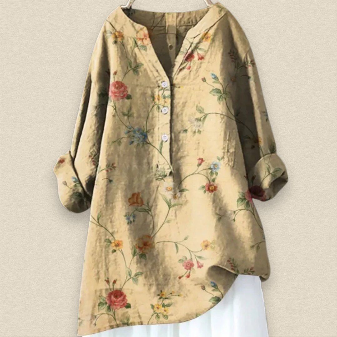 CAMILLE - BLUMENBLUSE MIT LUFTIGER PASSFORM UND MANDARINKRAGEN