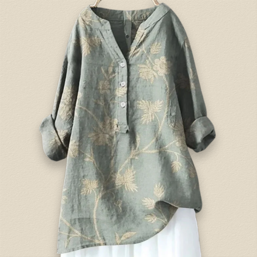 CAMILLE - BLUMENBLUSE MIT LUFTIGER PASSFORM UND MANDARINKRAGEN