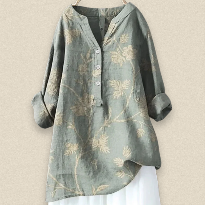 CAMILLE - BLUMENBLUSE MIT LUFTIGER PASSFORM UND MANDARINKRAGEN