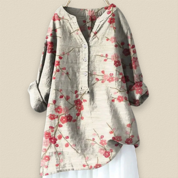 CAMILLE - BLUMENBLUSE MIT LUFTIGER PASSFORM UND MANDARINKRAGEN