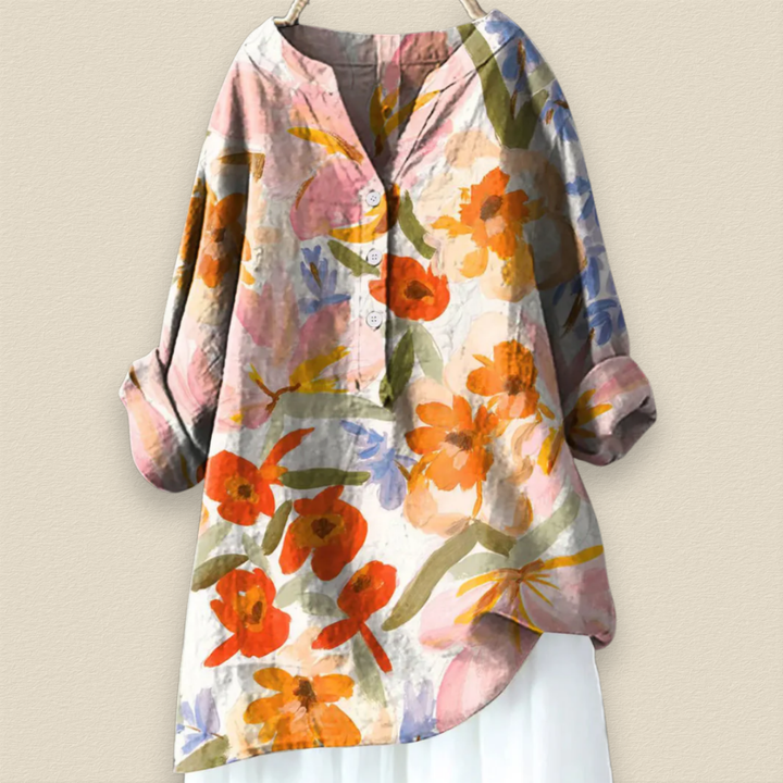 CAMILLE - BLUMENBLUSE MIT LUFTIGER PASSFORM UND MANDARINKRAGEN
