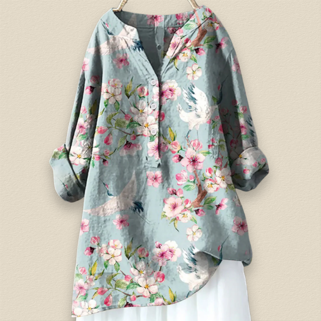 CAMILLE - BLUMENBLUSE MIT LUFTIGER PASSFORM UND MANDARINKRAGEN